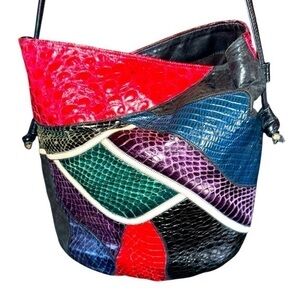 80s Colorful Patchwork Faux Snakeskin Shoulder bucket Bag
